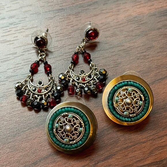 Vintage 90s Bohemian Beaded Earrings, Two Pairs - Picture 2 of 2